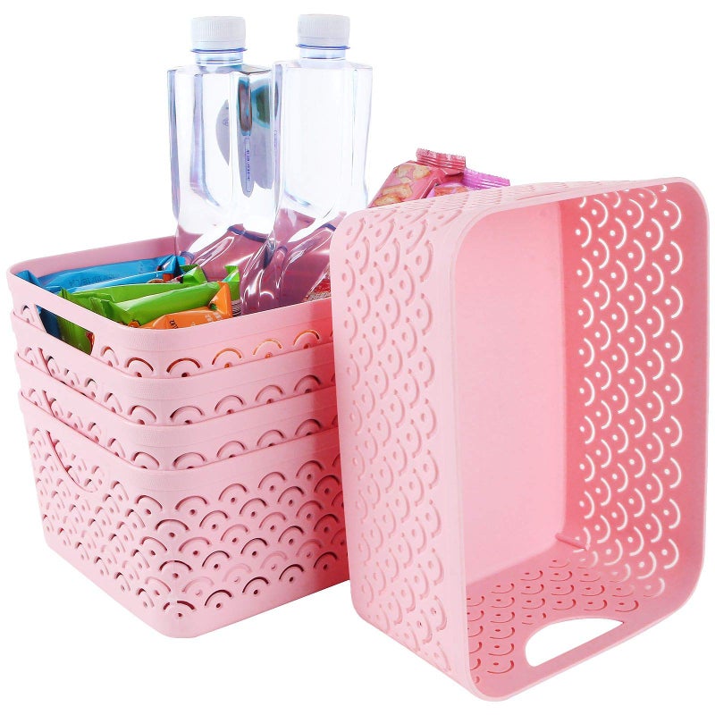 STARVAST 5 Pack Plastic Storage Baskets  Portable Pink Fish Scale Pattern Hollow Desktop Storage Bin Box with Handle for Kitchen  Bathroom  Kids Room or Nursery Storage - 9.4 x 7.1 x 4.1 inches - Image 1